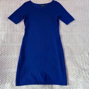 Lauren Ralph Lauren Knit Dress Small Cobalt Blue Bodycon Crew Neck Short Sleeve